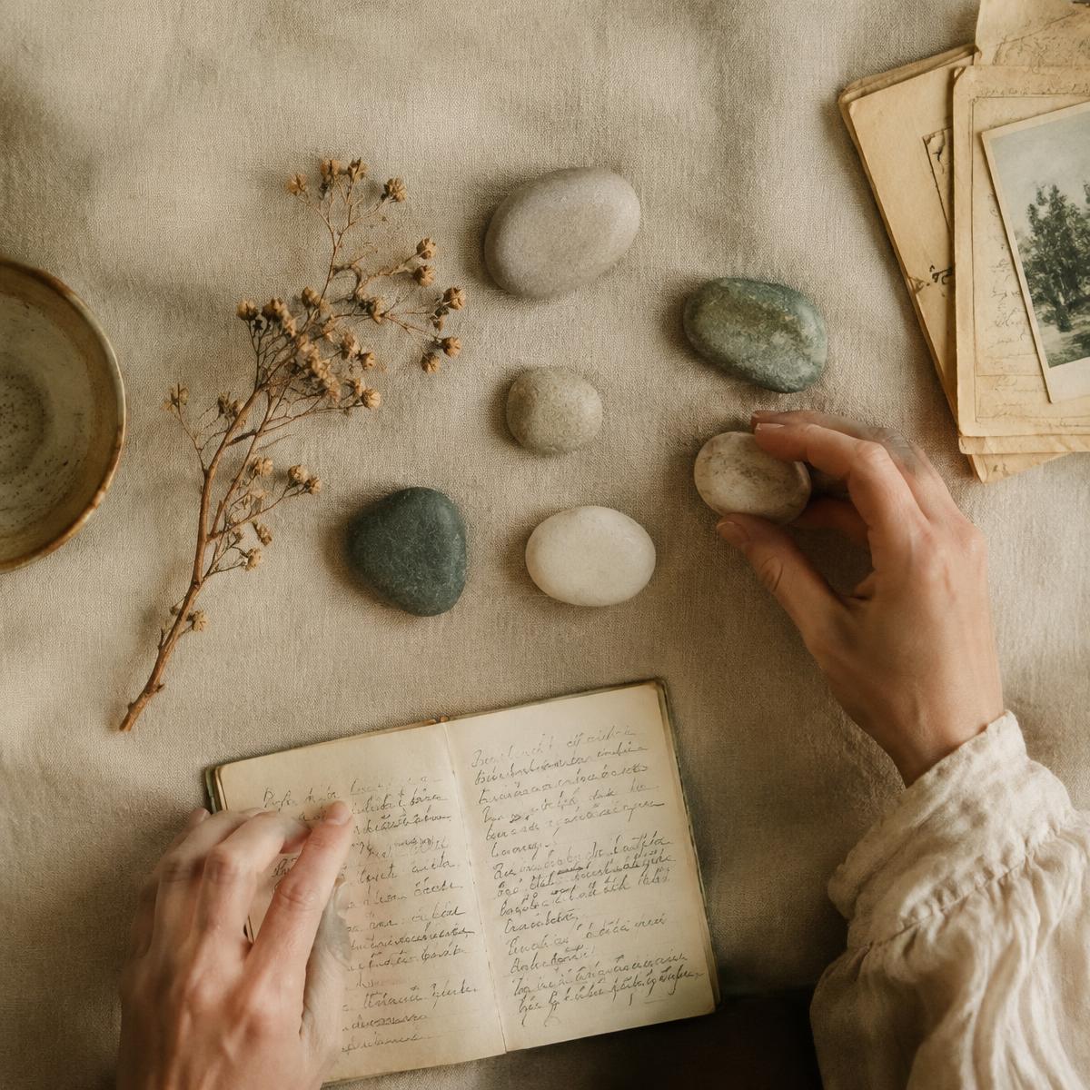 Piedras, rama y cuaderno sobre lino